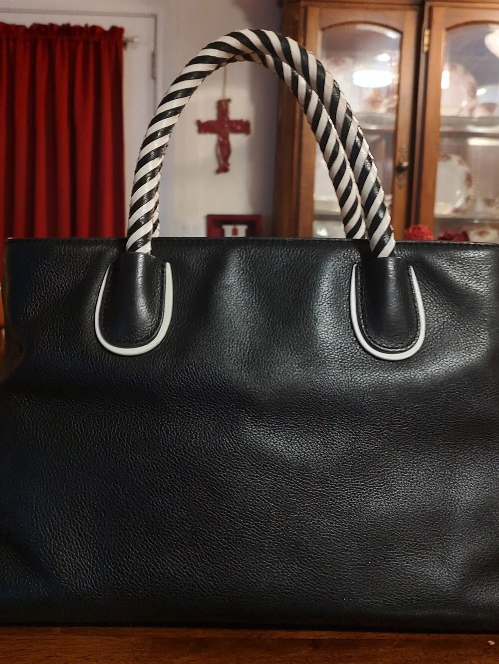 kate spade Black Leather Tote with Black-and-White Striped Handles